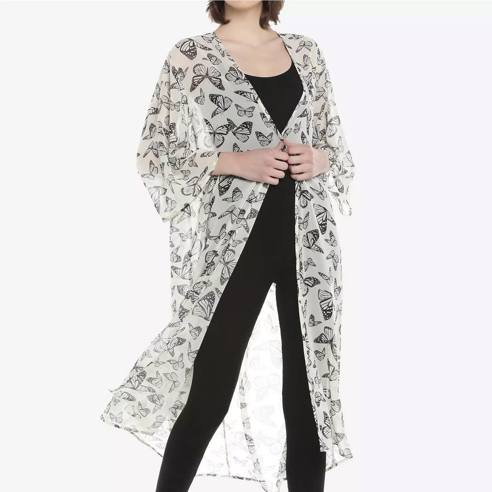 Hot Topic Sepia Butterfly Maxi Kimono Womens L Sheer Duster Festival Boho